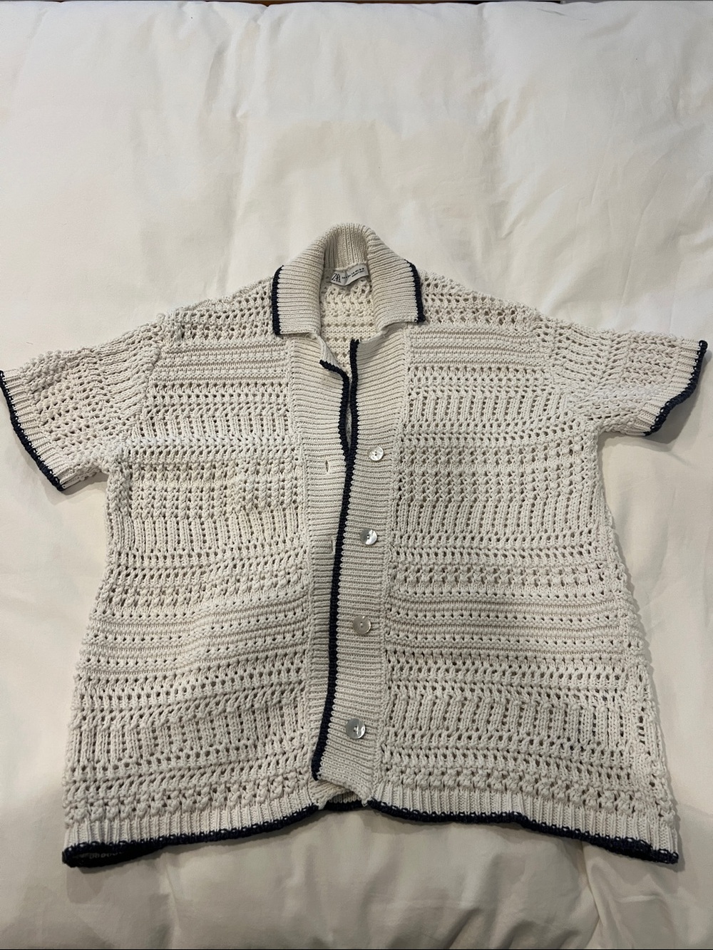 Oversized White Crochet Button-Front Shirt with Navy Trim